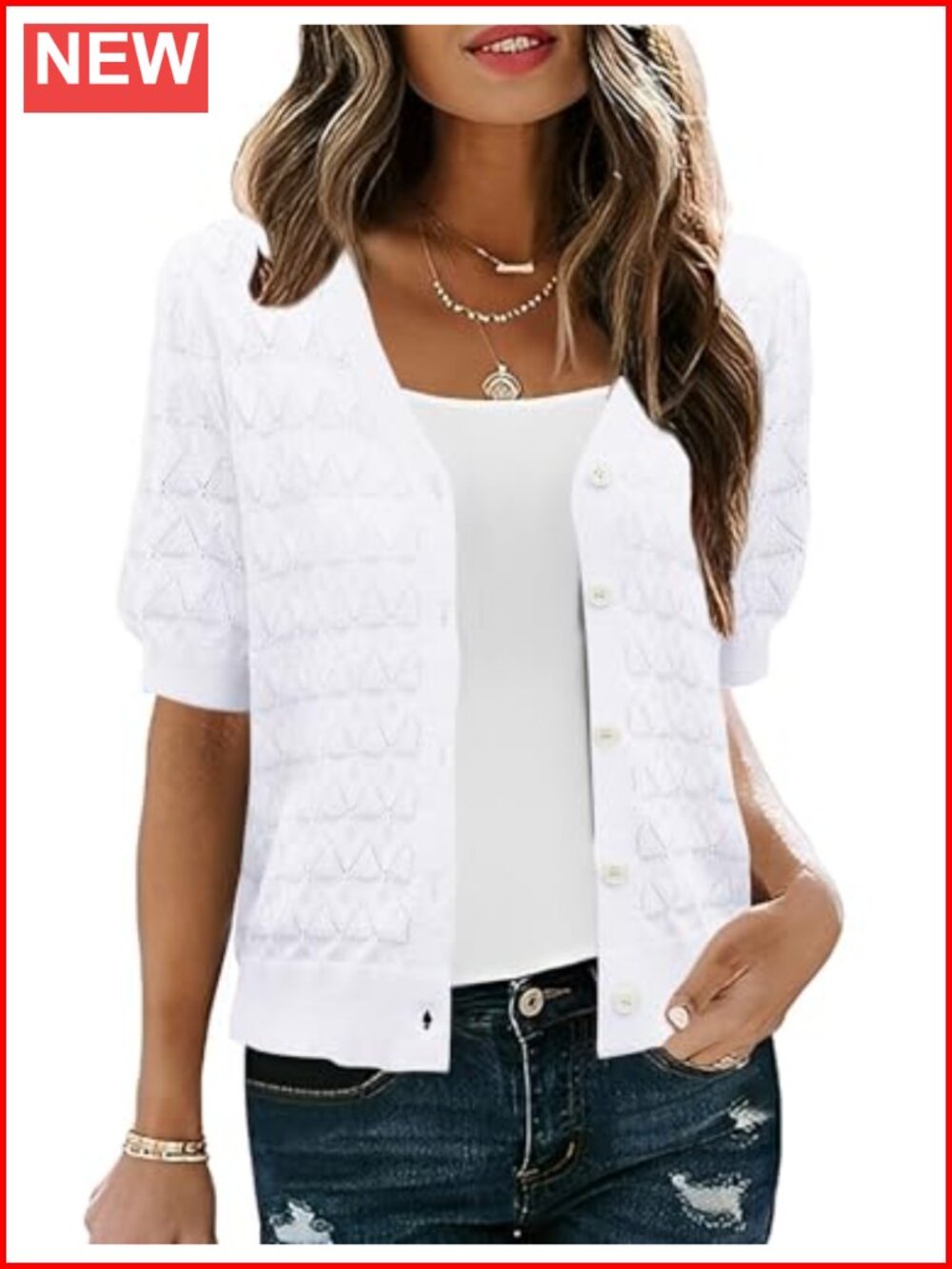 Lightweight Knit Crochet Puff Sleeve Open Front Cardigan Shrug